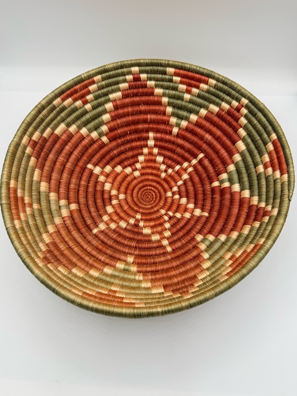All Across Africa -Handwoven Decorative Basket Bowl - Olive, Rust & Cream